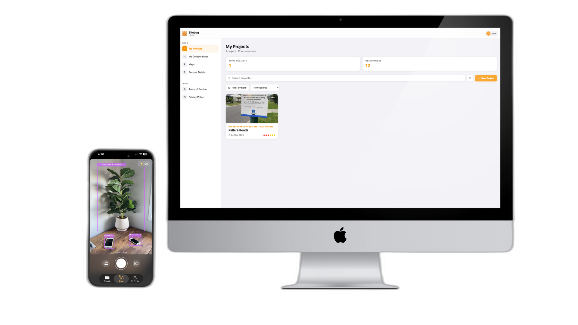 SiteLog app — AI camera, site map and AI notes editing screens